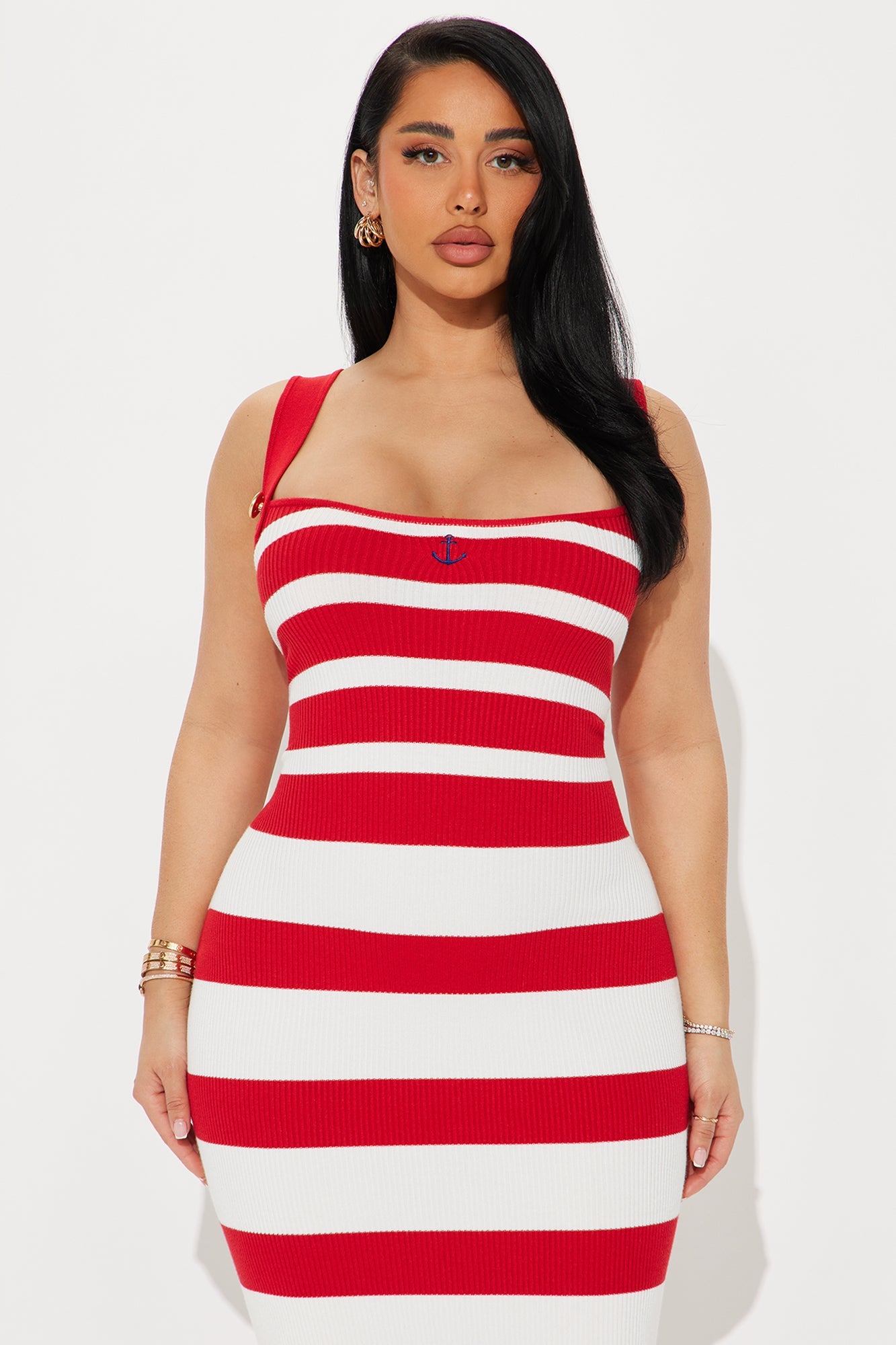 Sail Away Striped Sweater Midi Dress - Red/combo