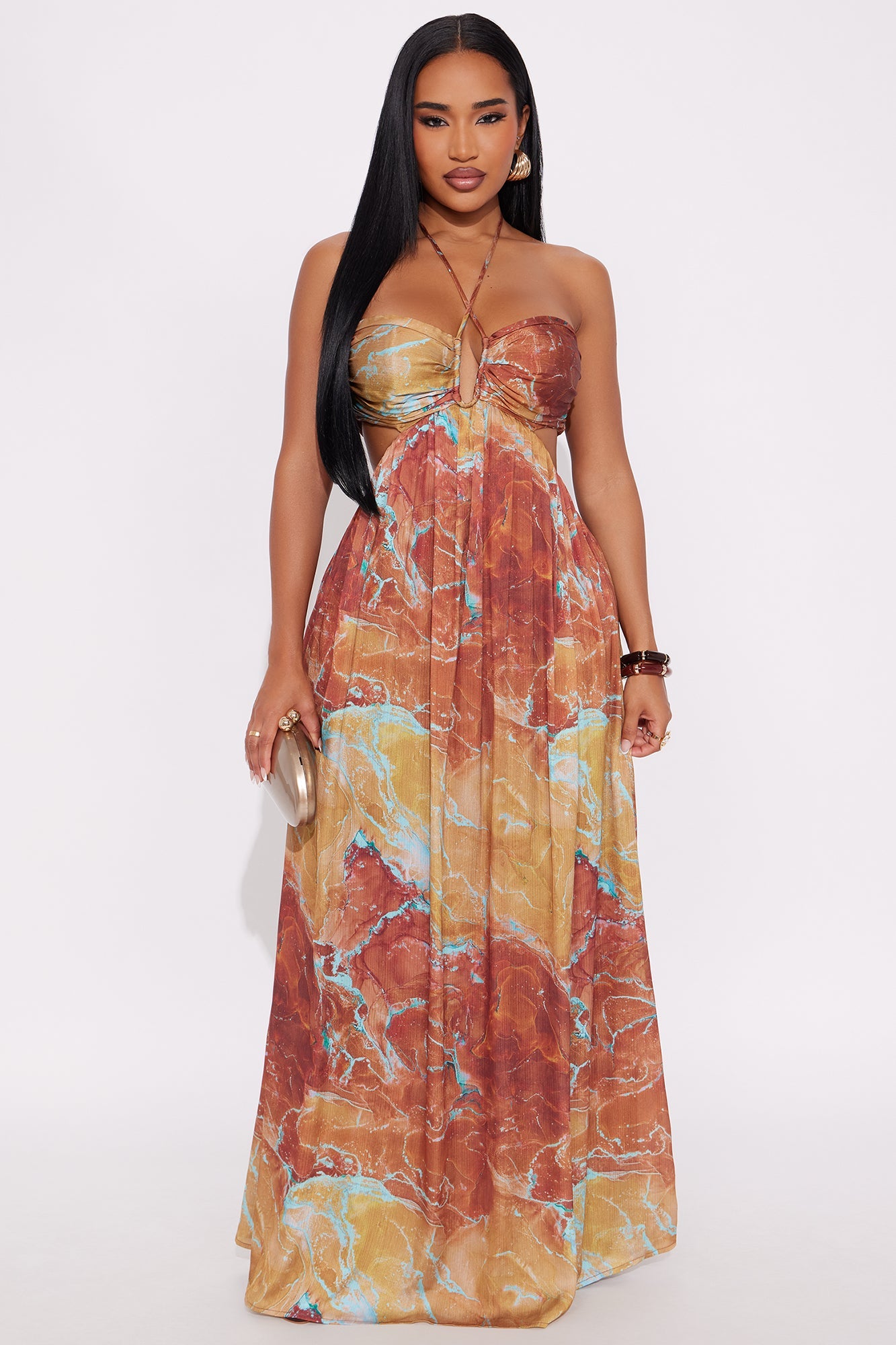 Jasmine Satin Halter Maxi Dress - Brown/combo