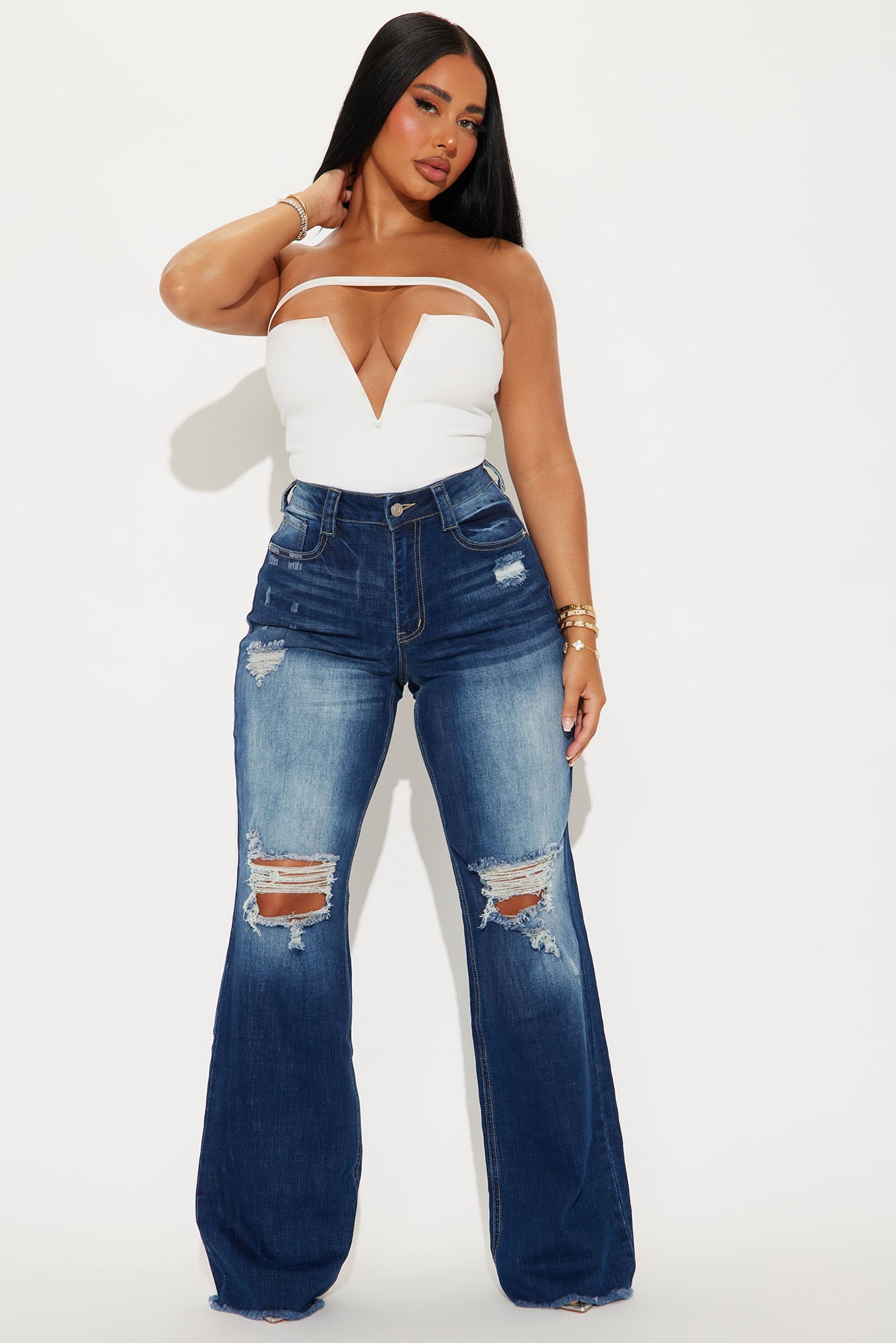 Coldwater Canyon Stretch Ripped Wide Leg Jeans - Dark Wash