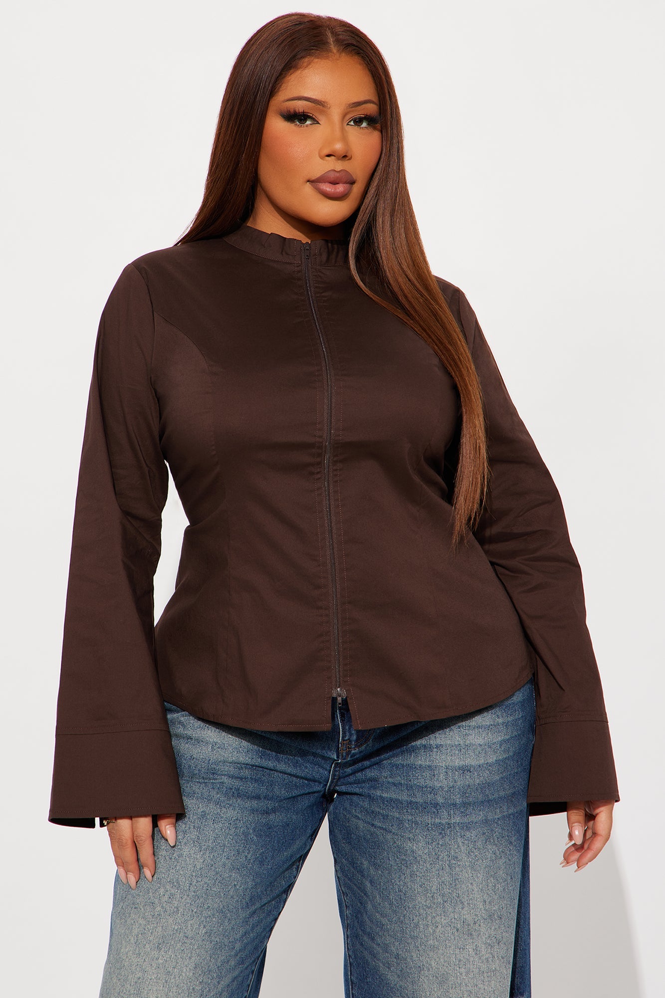 Kara Poplin Zip Up Shirt - Chocolate