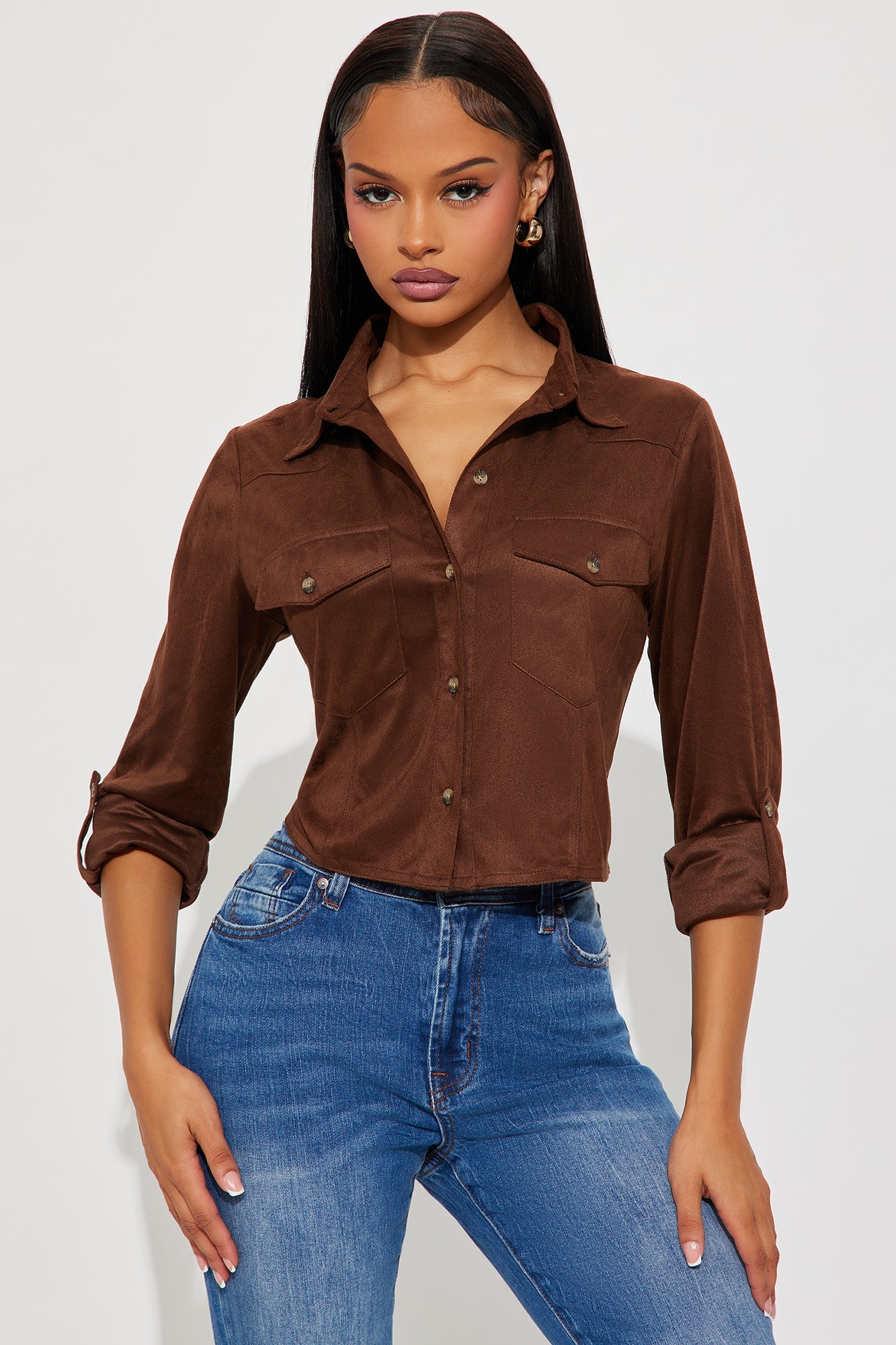 Cowgirl Style Faux Suede Shirt - Brown