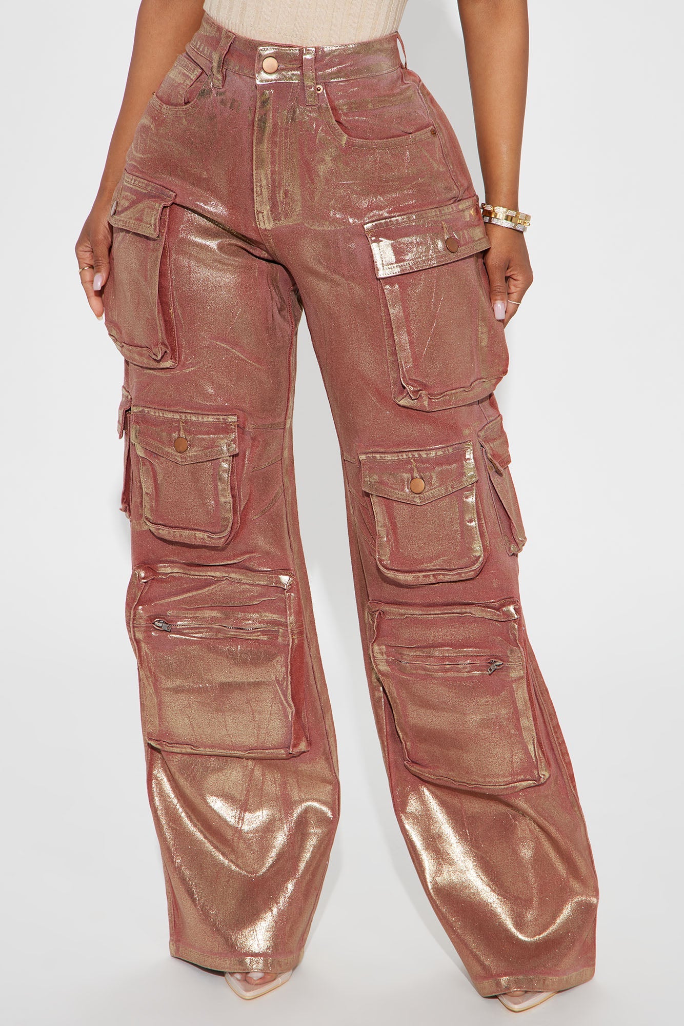 Time To Shine Foil Baggy Cargo Jeans - Burgundy