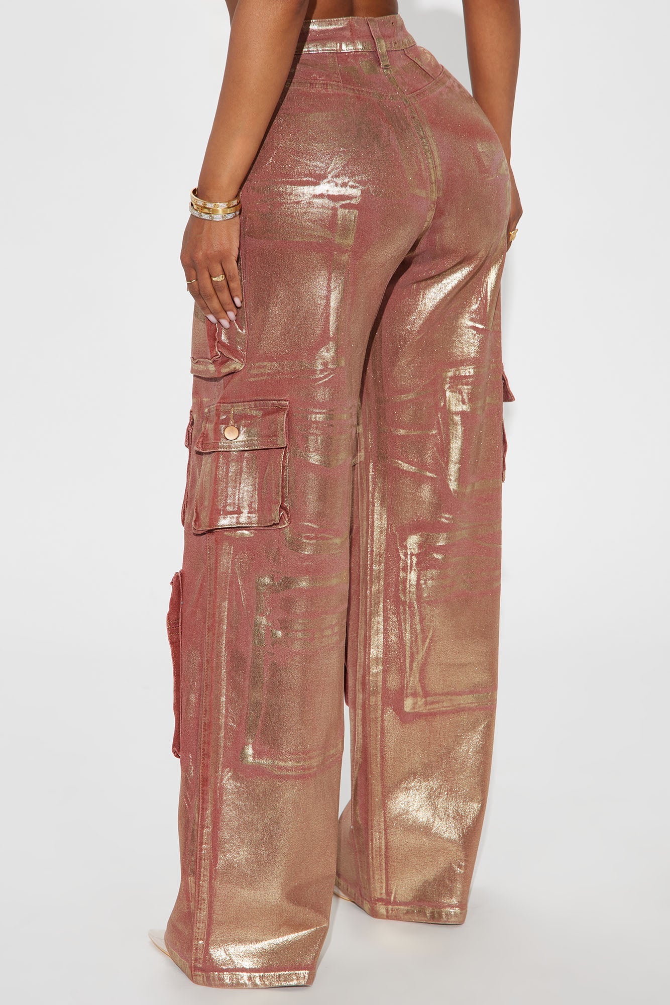 Time To Shine Foil Baggy Cargo Jeans - Burgundy